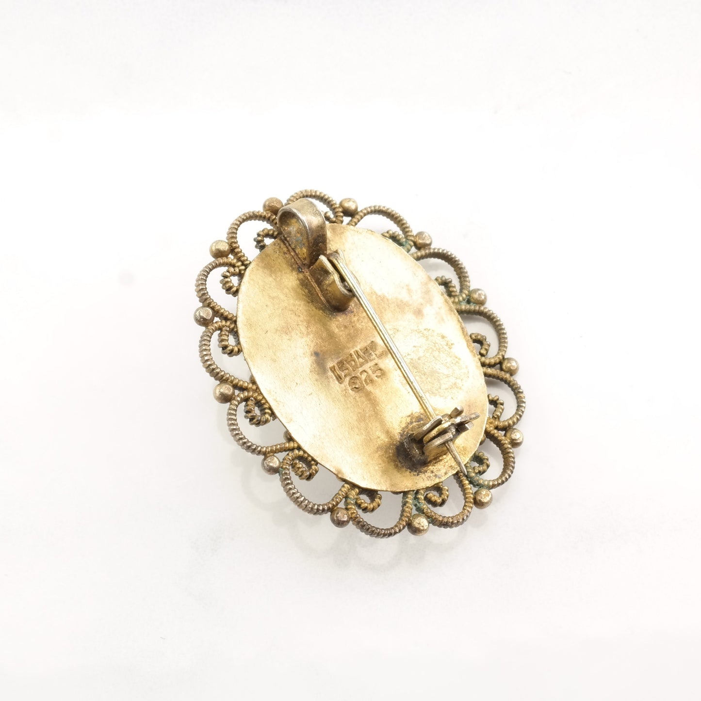 Israel Sterling Silver Brooch Pendant Filigree Gold Filled Cabochon
