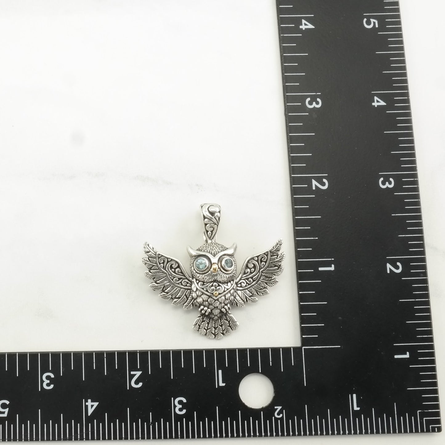 Vintage 18K Gold Accents, Blue Topaz Owl Sterling Silver Pendant