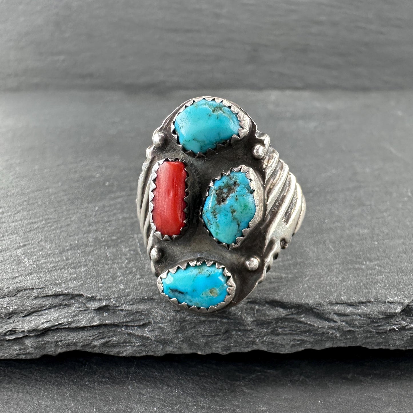 Native American, Coral, Turquoise Ring Sterling Silver