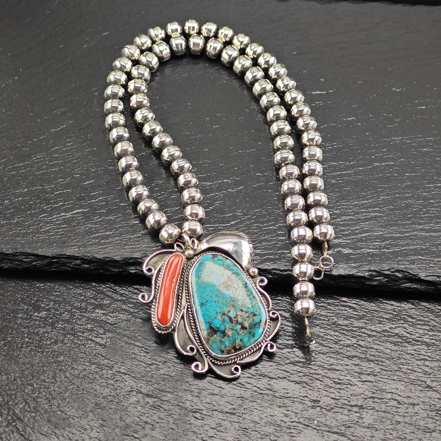 Native American Turquoise, Coral Beaded Necklace in Sterling Silver