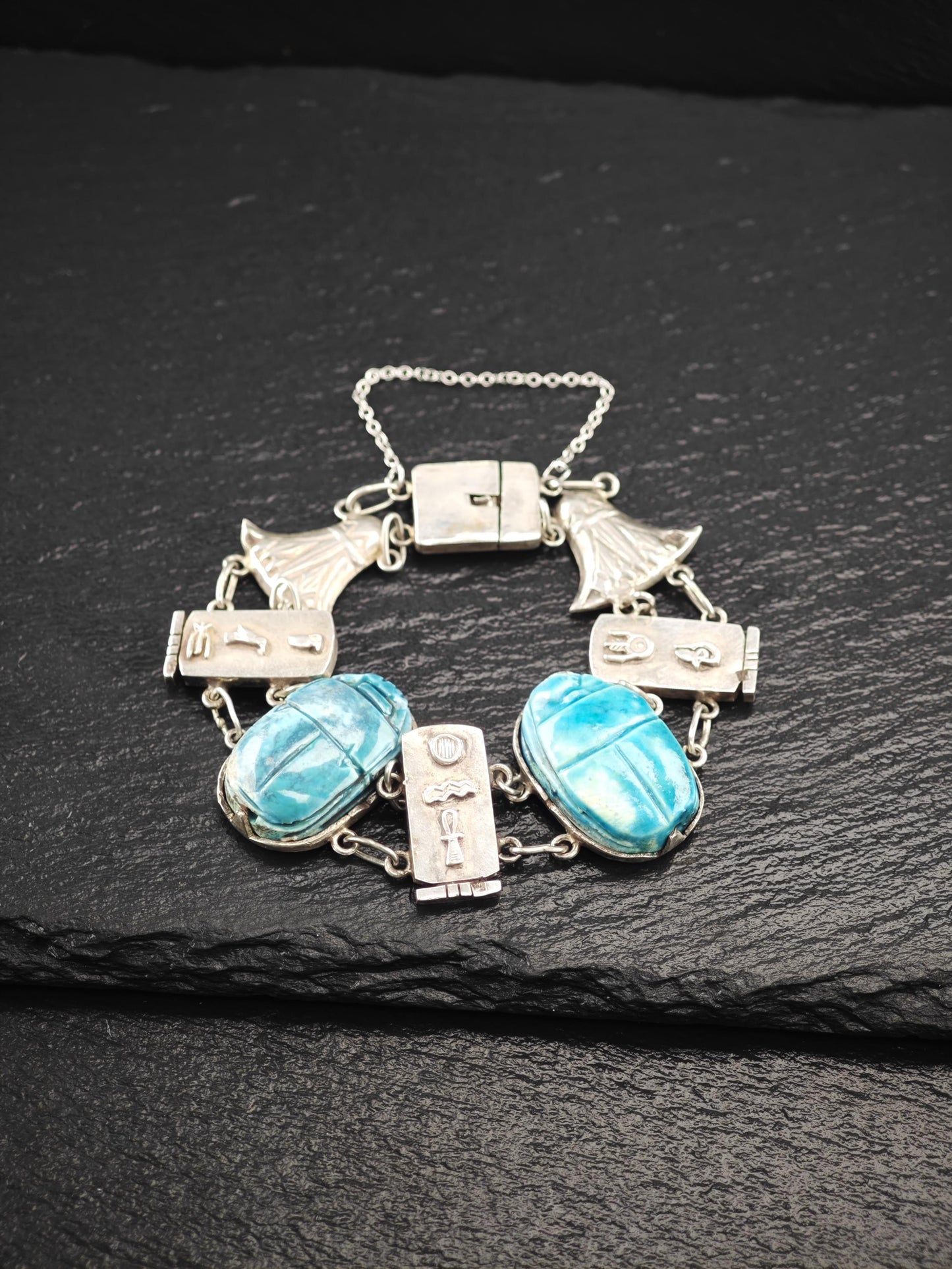 Egyptian Revival Cartouche & Carved Scarab Bracelet Sterling Silver