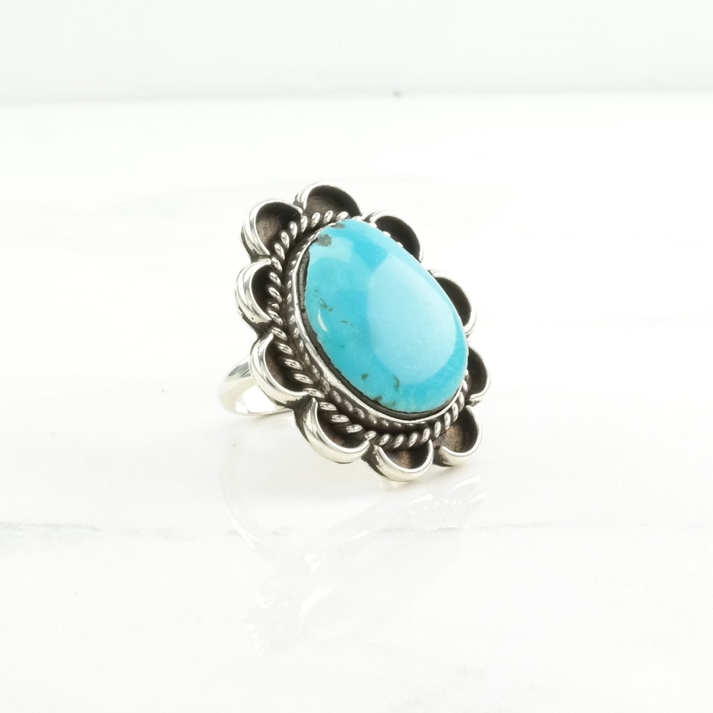 Vintage Native American Silver Ring Turquoise Floral Sterling Blue Size 5