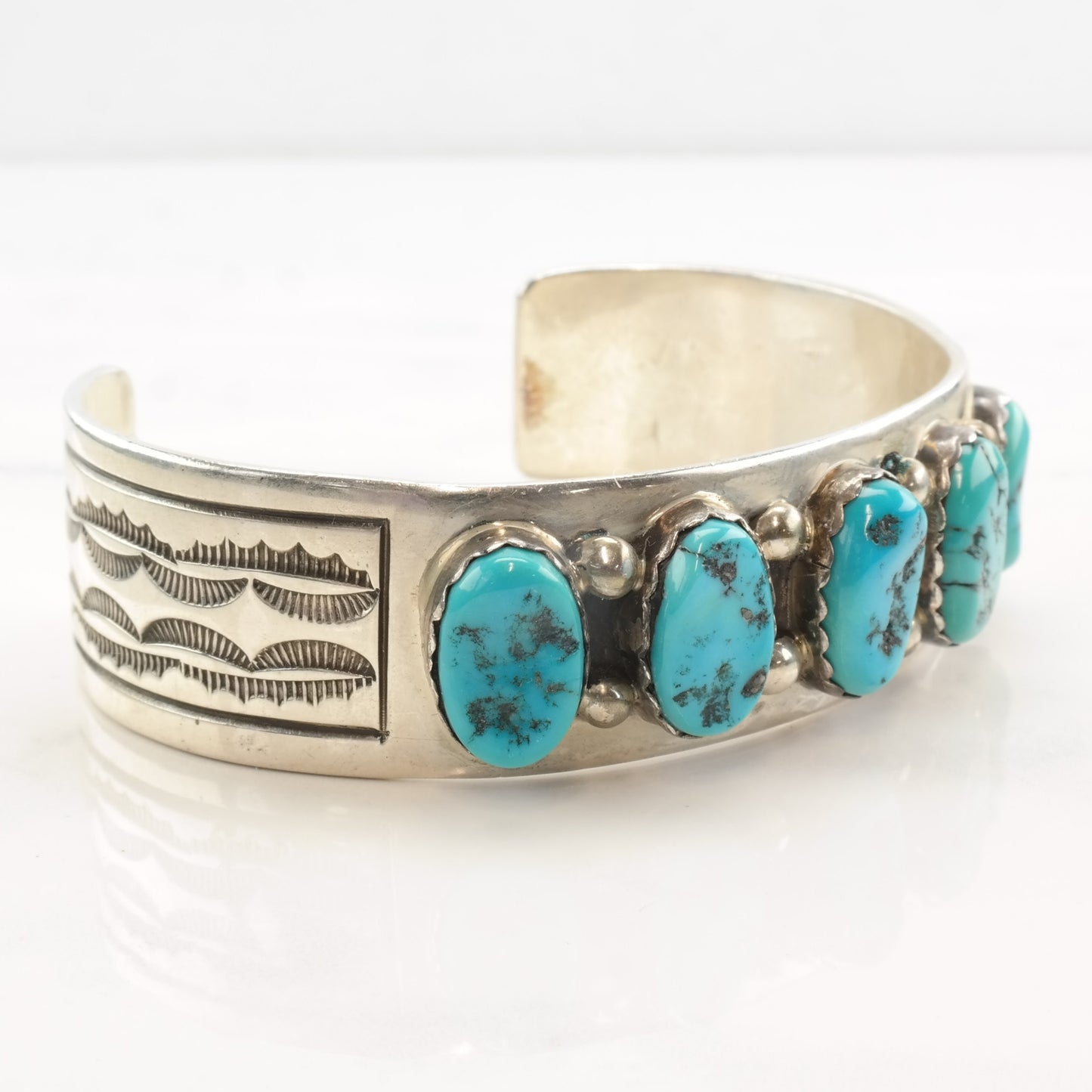 Native American Turquoise Cuff Bracelet Sterling Silver Cluster Row
