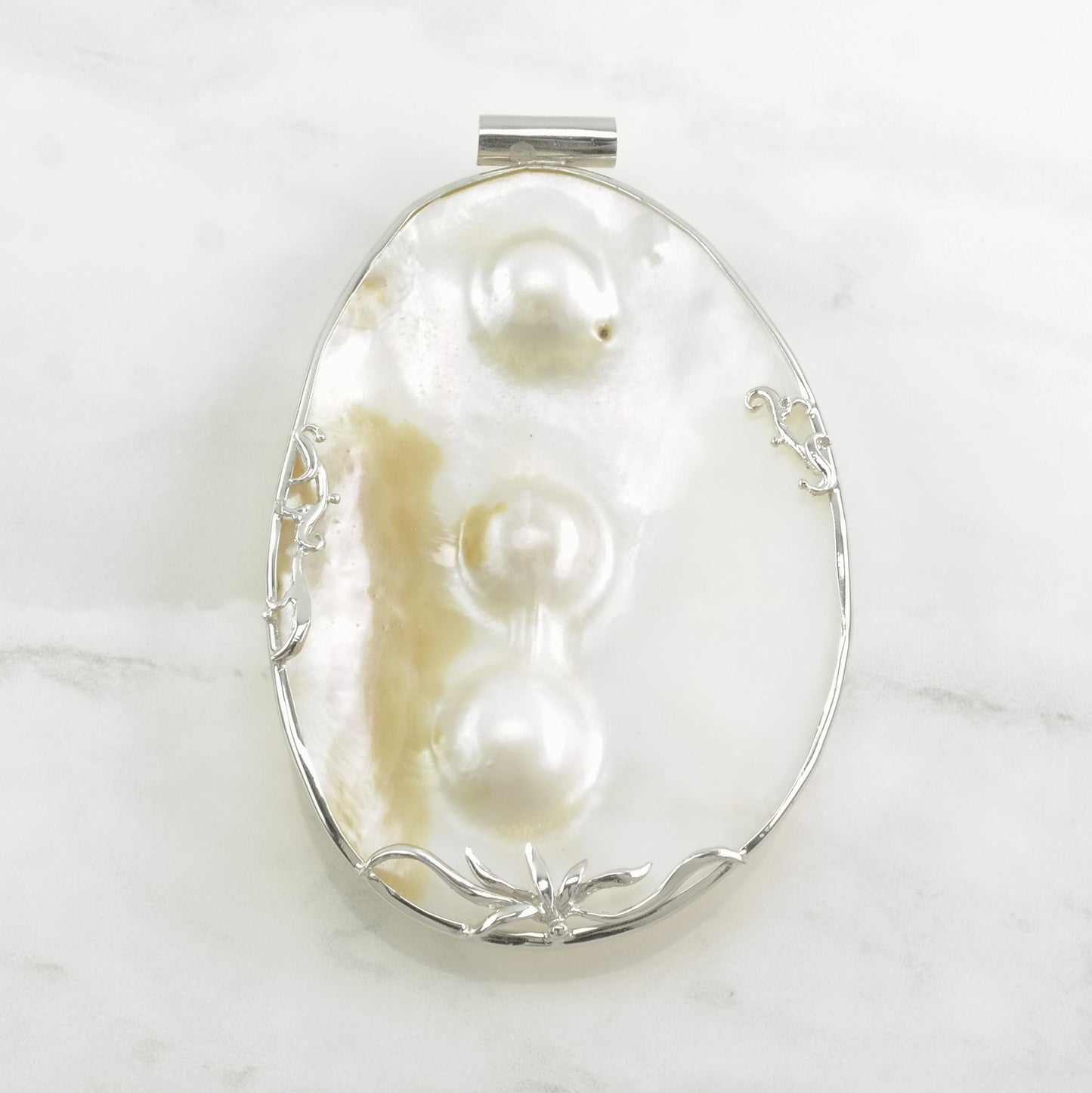 Vintage Modernist MOP, Reversible Shell, Huge Sterling Silver Pendant