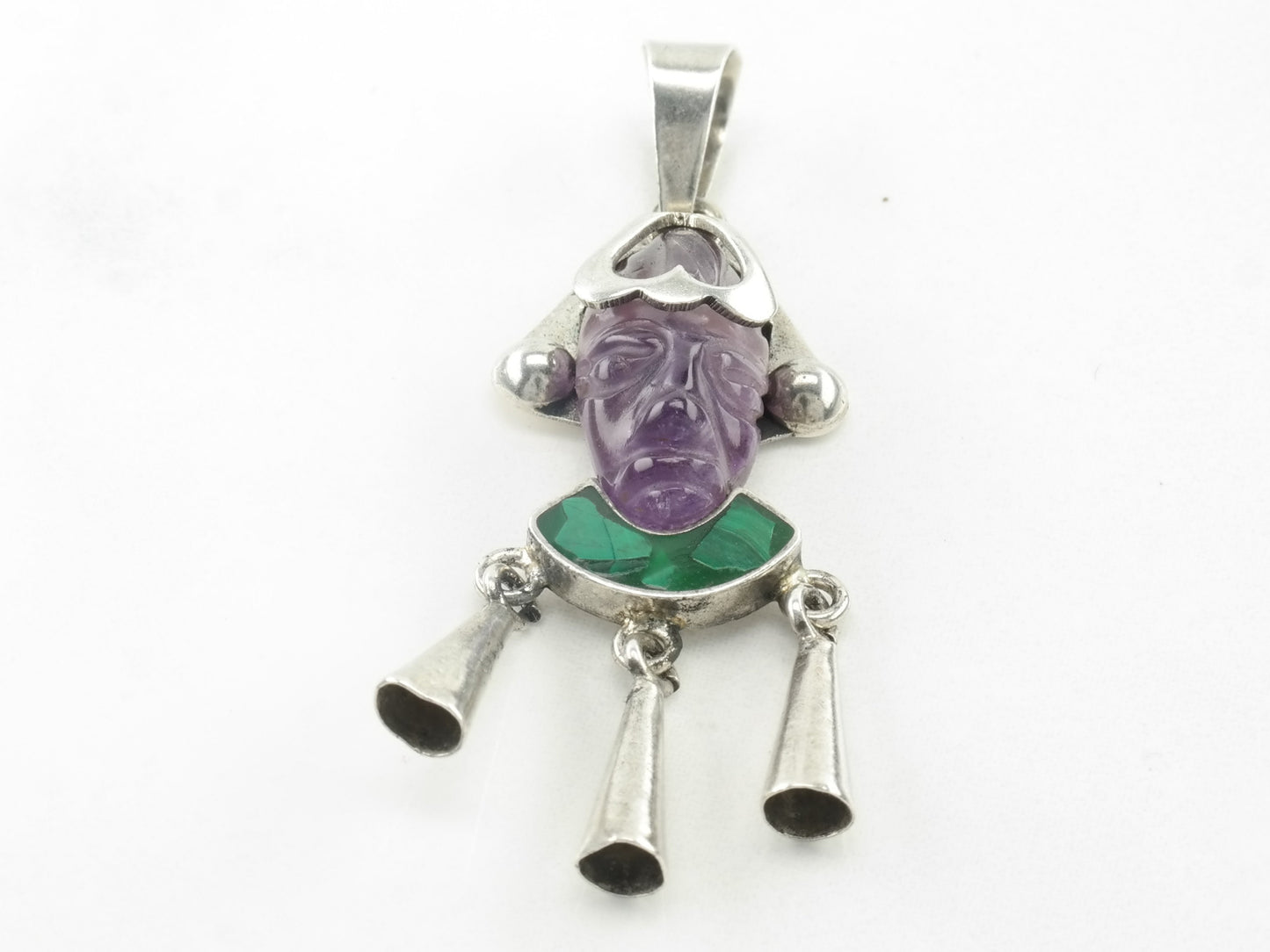 Vintage Taxo Amethyst Malachite Carved Mayan Face Sterling Silver Pendant