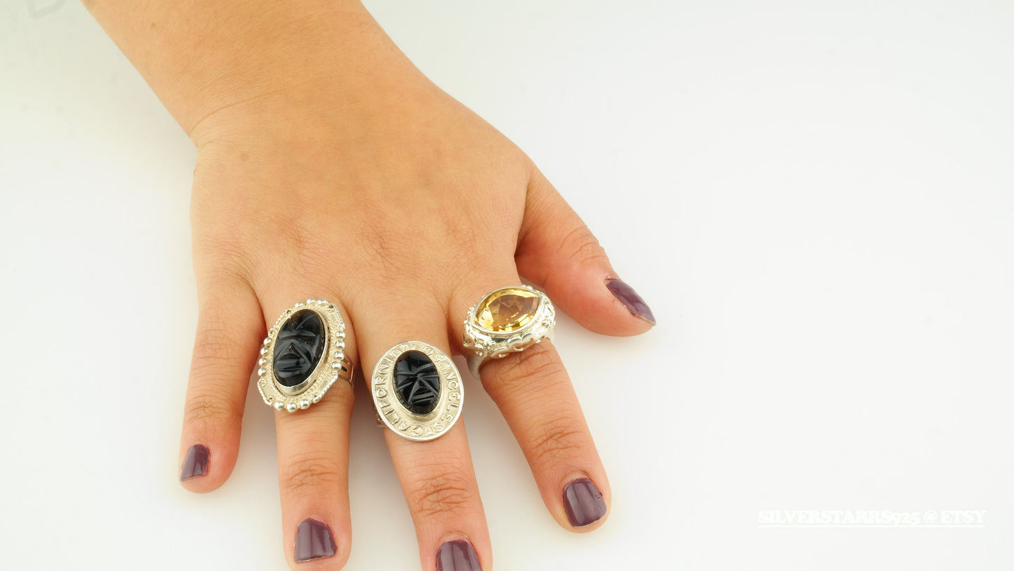 Vintage Sterling Silver Ring Obsidian Black Size 6.5