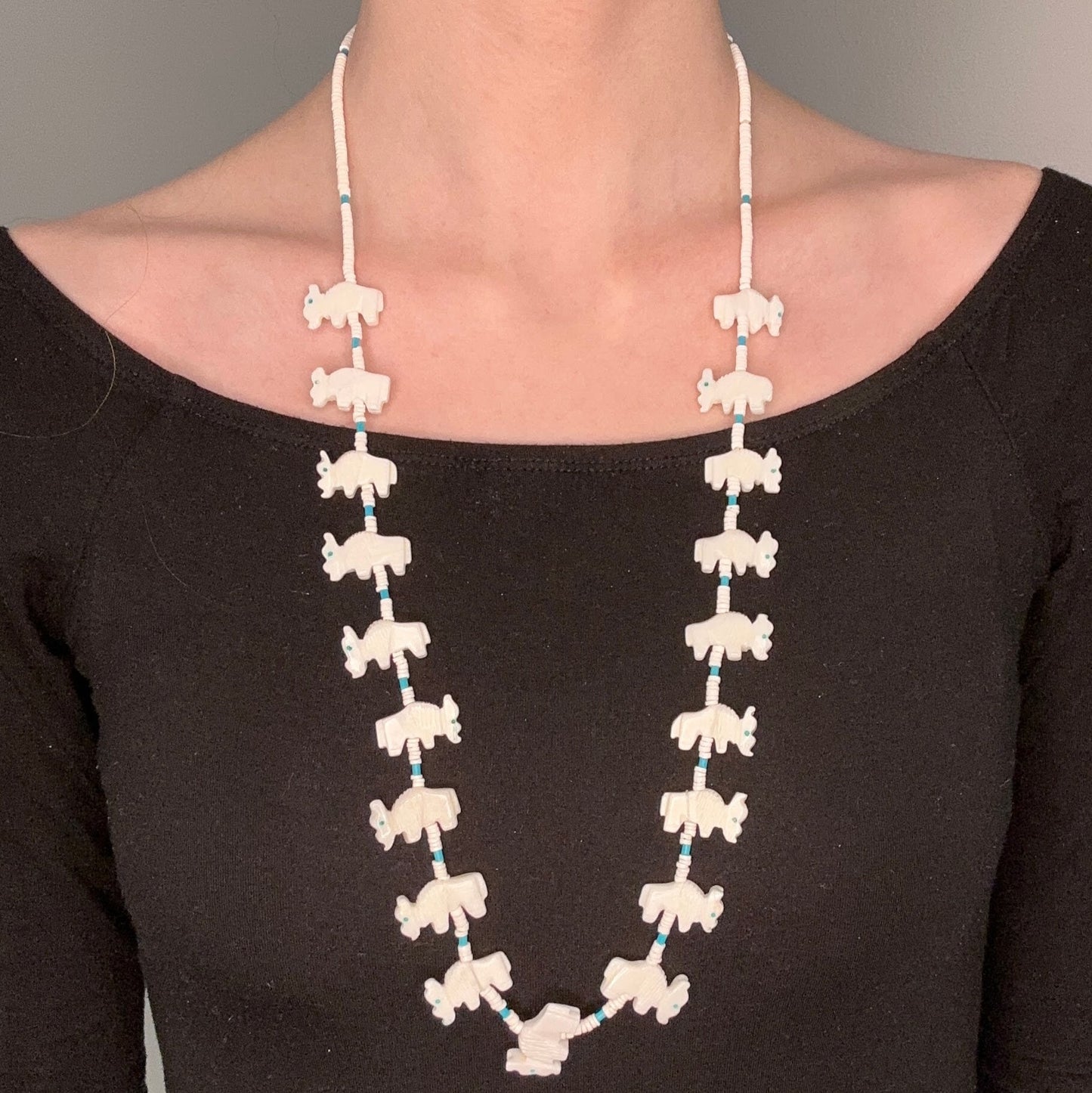 Vintage Santo Domingo Sterling Silver White Marble Buffalo, Heishi Necklace