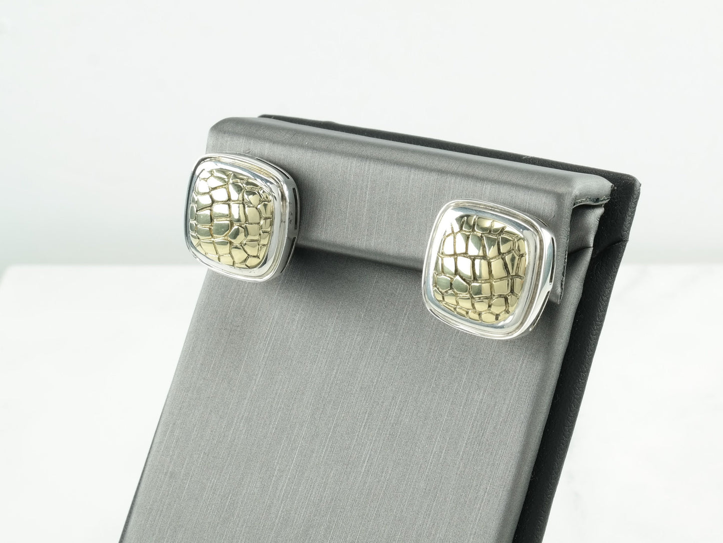 Krypell 14K Gold Sterling Silver Earrings Omega Back Posts Cushion Snakeskin