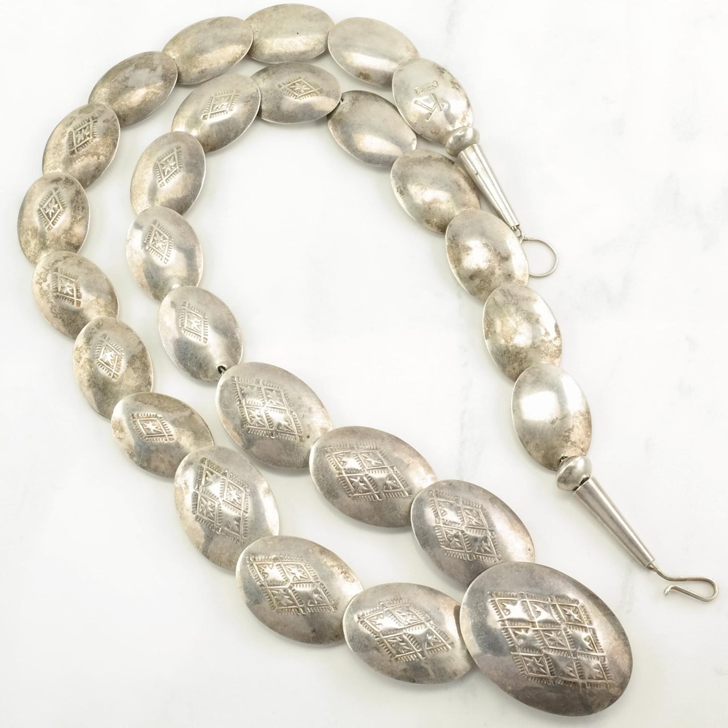 Vintage Native American Sterling Silver Flat Beads Stamped Necklace