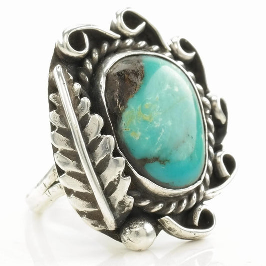 Vintage Native American Silver Ring Turquoise Feather Sterling Size 7
