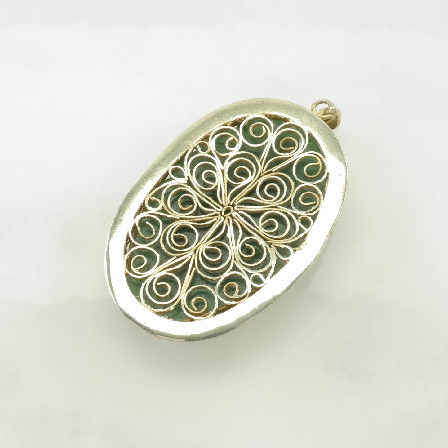 Vintage Chinese Export Jade, Quartzite Carved Flowers, Gold Gilded Sterling Silver Pendant