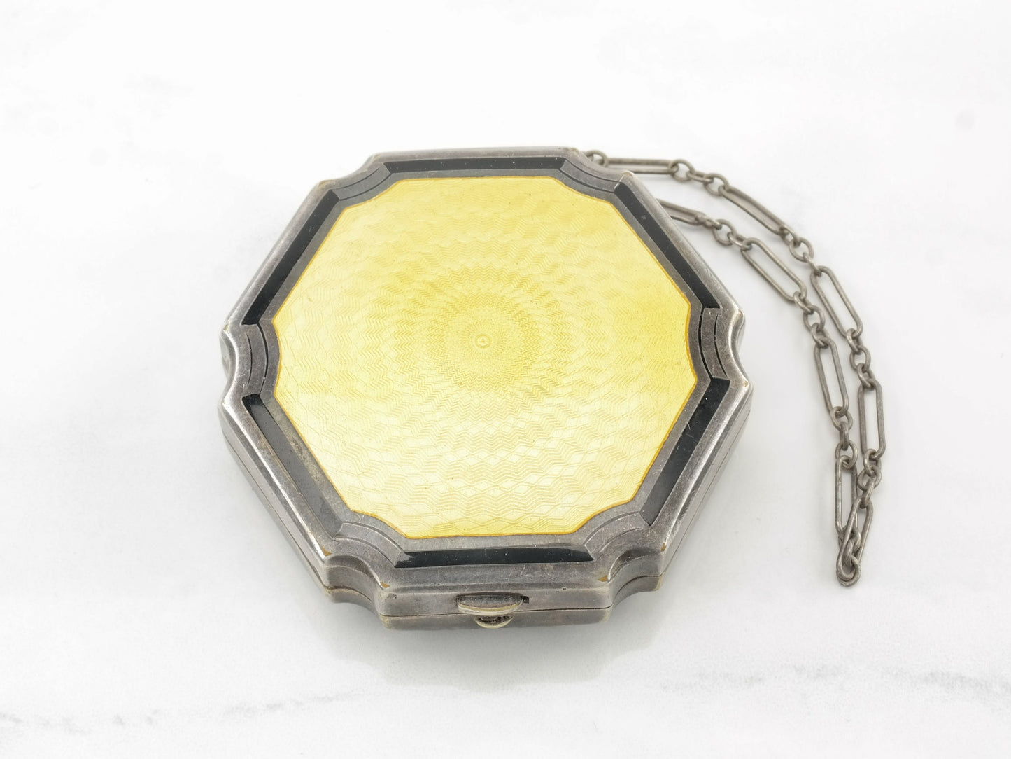 Vintage Yellow Enamel Ladies Compact Makeup Case Sterling Silver