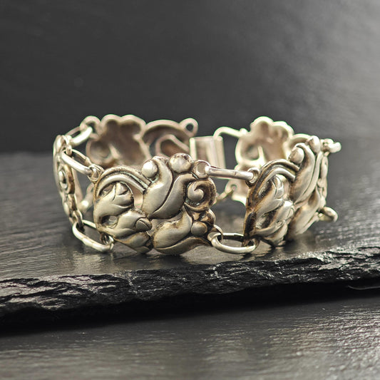Vintage Art Nouveau Floral Link Bracelet Sterling Silver