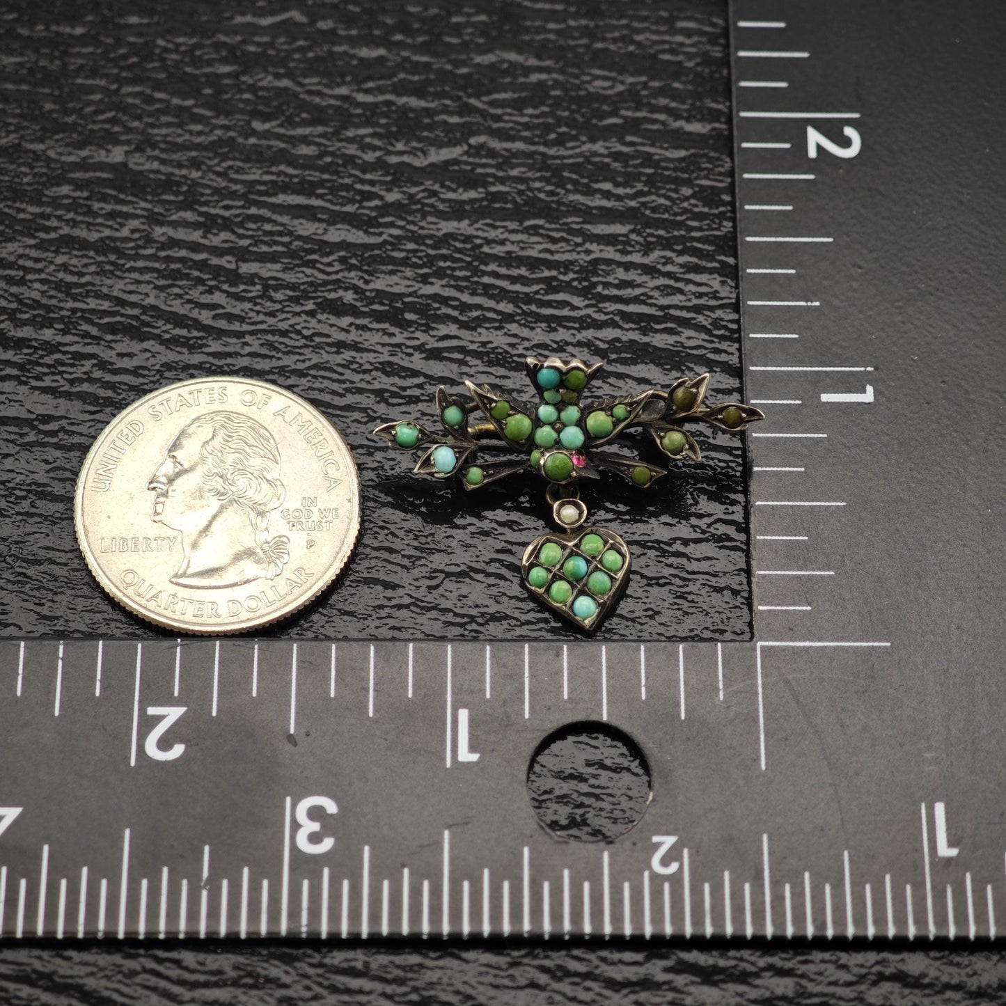 Victorian, Antique Bird, Heart Blue, Green Turquoise, Pink Ruby Brooch Sterling Silver