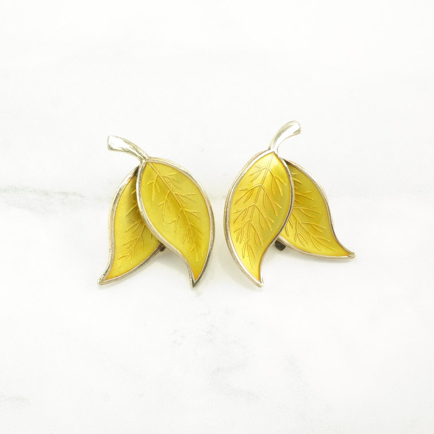 Danish Sterling Silver Yellow Enamel Leaf Earrings Clip On
