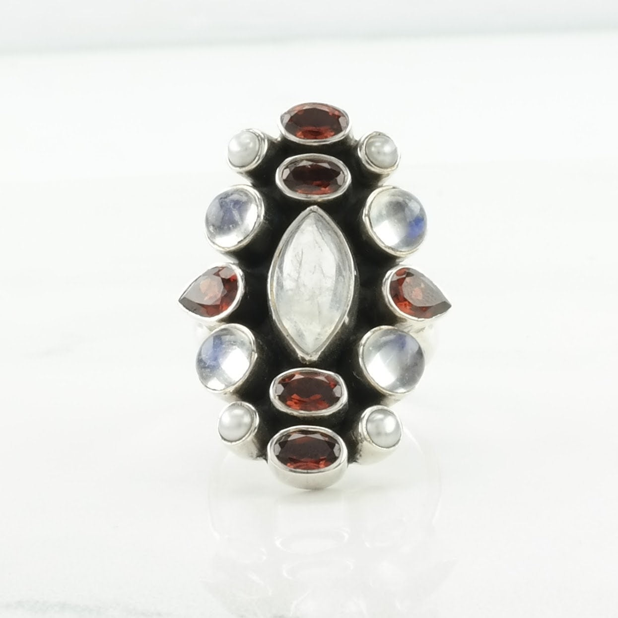 Vintage Nicky Butler Silver Ring Moonstone, Garnet Cluster Sterling Size 7 1/4