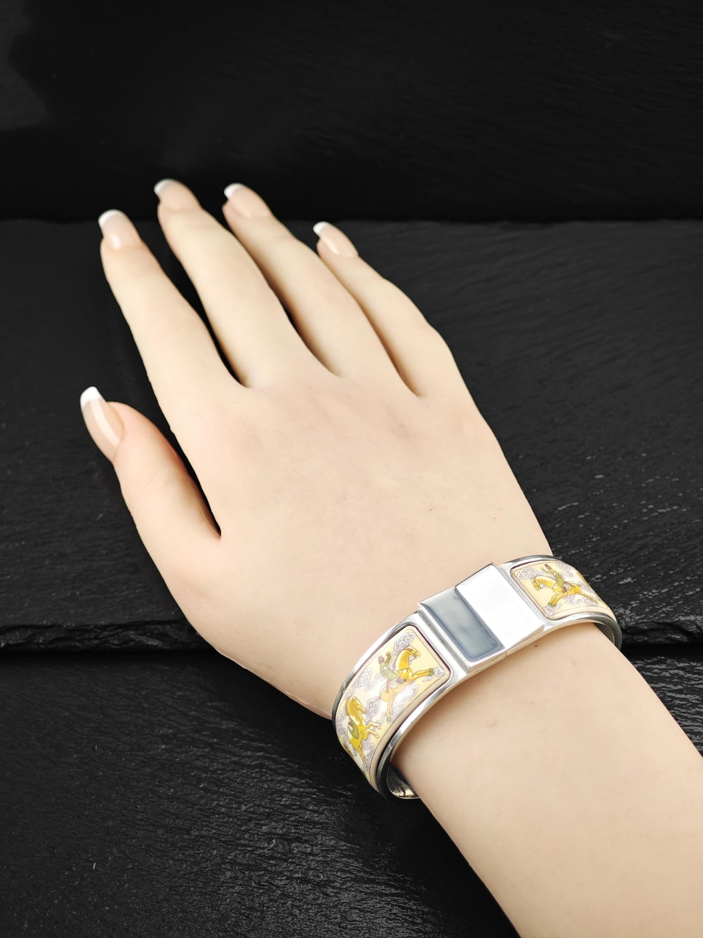 Rare Hermes Equestrian Bangle Bracelet Sterling Silver Porcelain Vintage