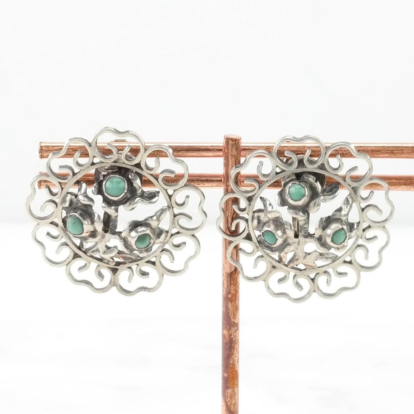 Vintage Mexico Green Faux Turquoise Floral, Filigree Screw Back Earrings Sterling Silver