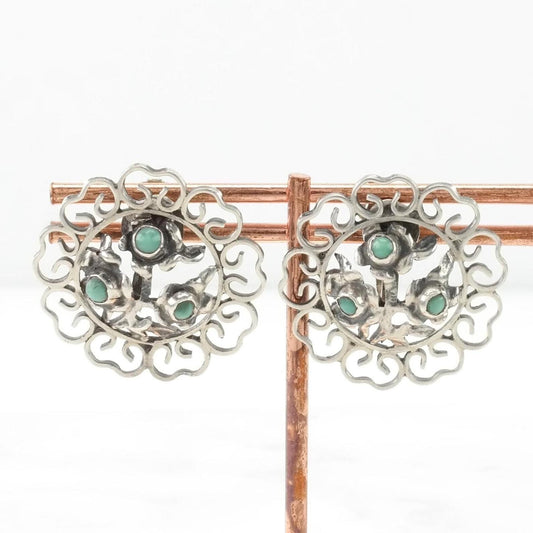 Vintage Mexico Green Faux Turquoise Floral, Filigree Screw Back Earrings Sterling Silver