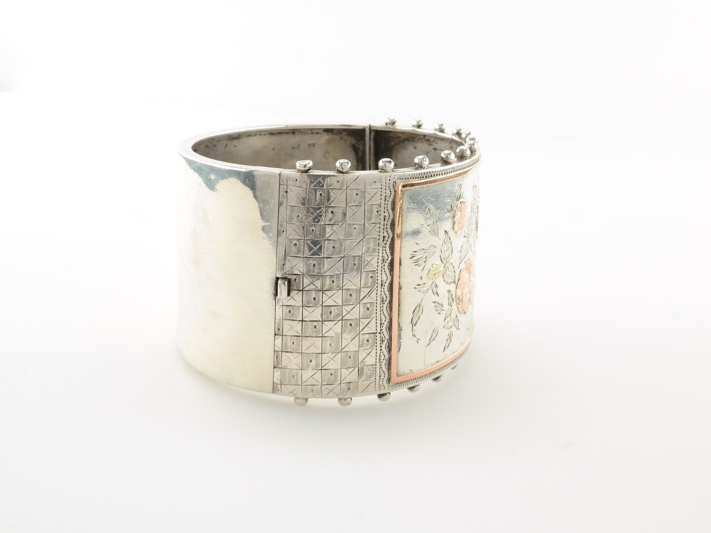 Antique Rose Bangle Floral Bracelet Gold Overlay Sterling Silver Cuff