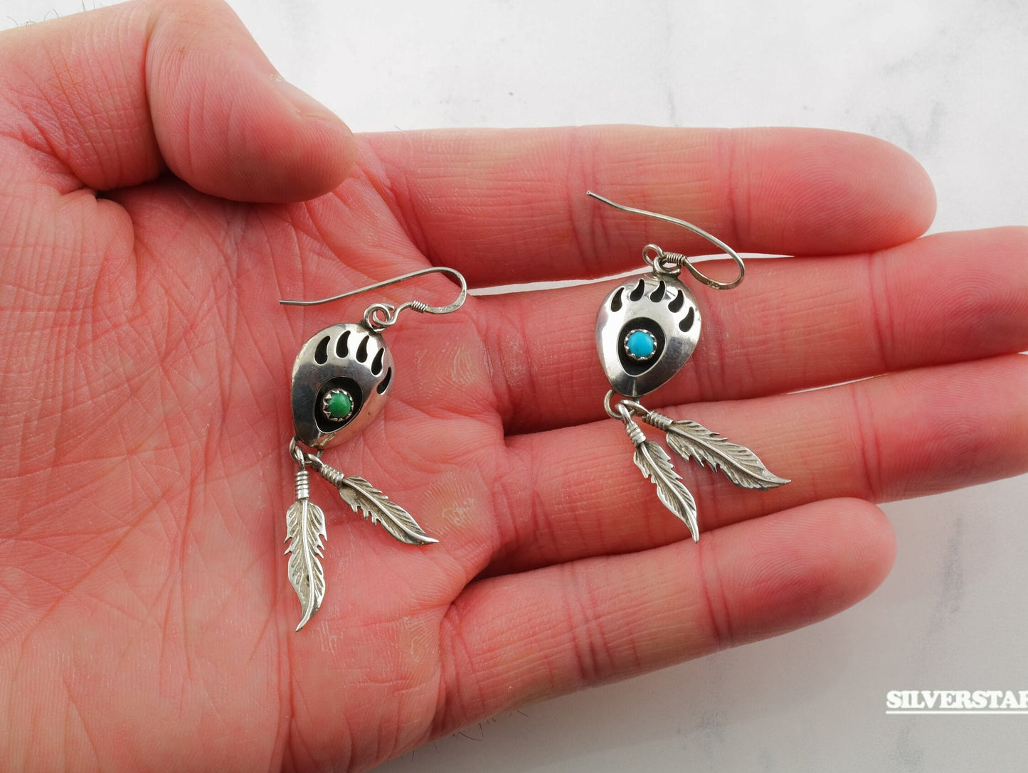 Sterling Silver Blue, Green Turquoise Bear paw Earrings