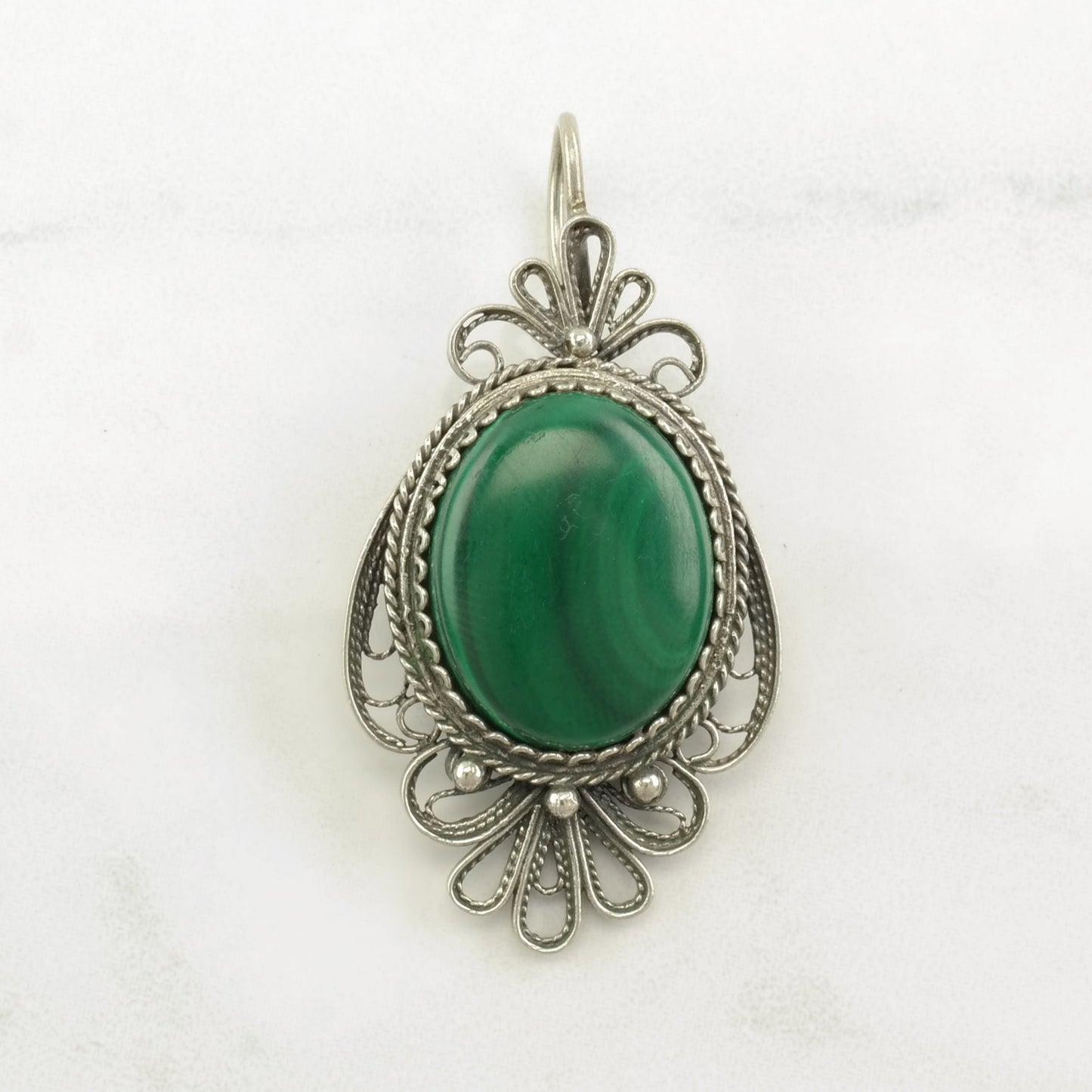 Vintage Malachite Ornate, Filigree Sterling Silver Pendant