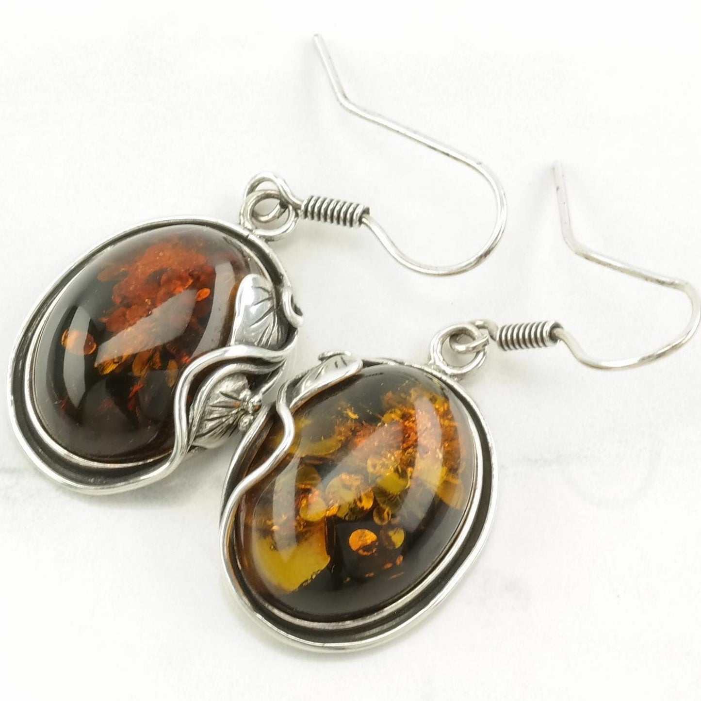 Sterling Silver Orange Amber Earrings Fish hook