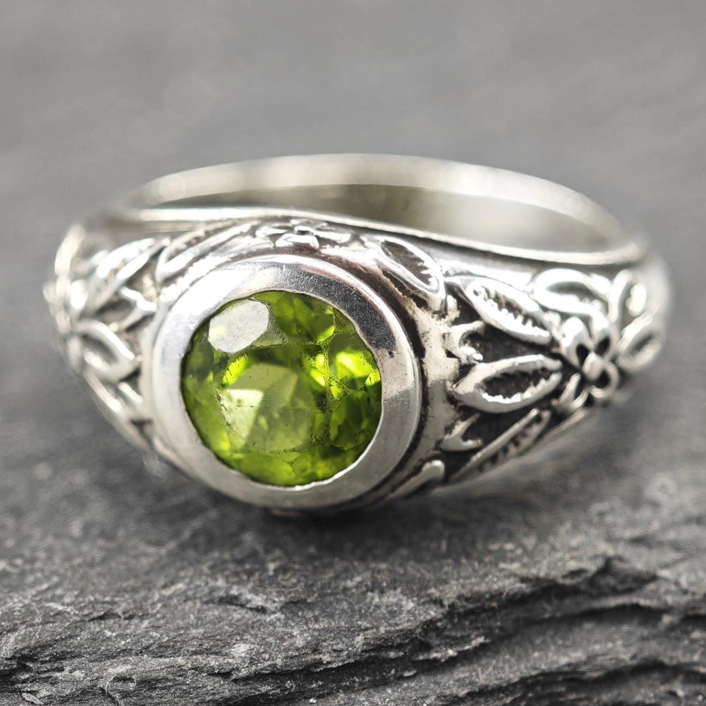 Vintage Peridot, Floral Ring Sterling Silver