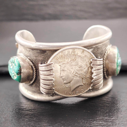 Native American, Turquoise, Coin Cuff Bracelet Sterling Silver
