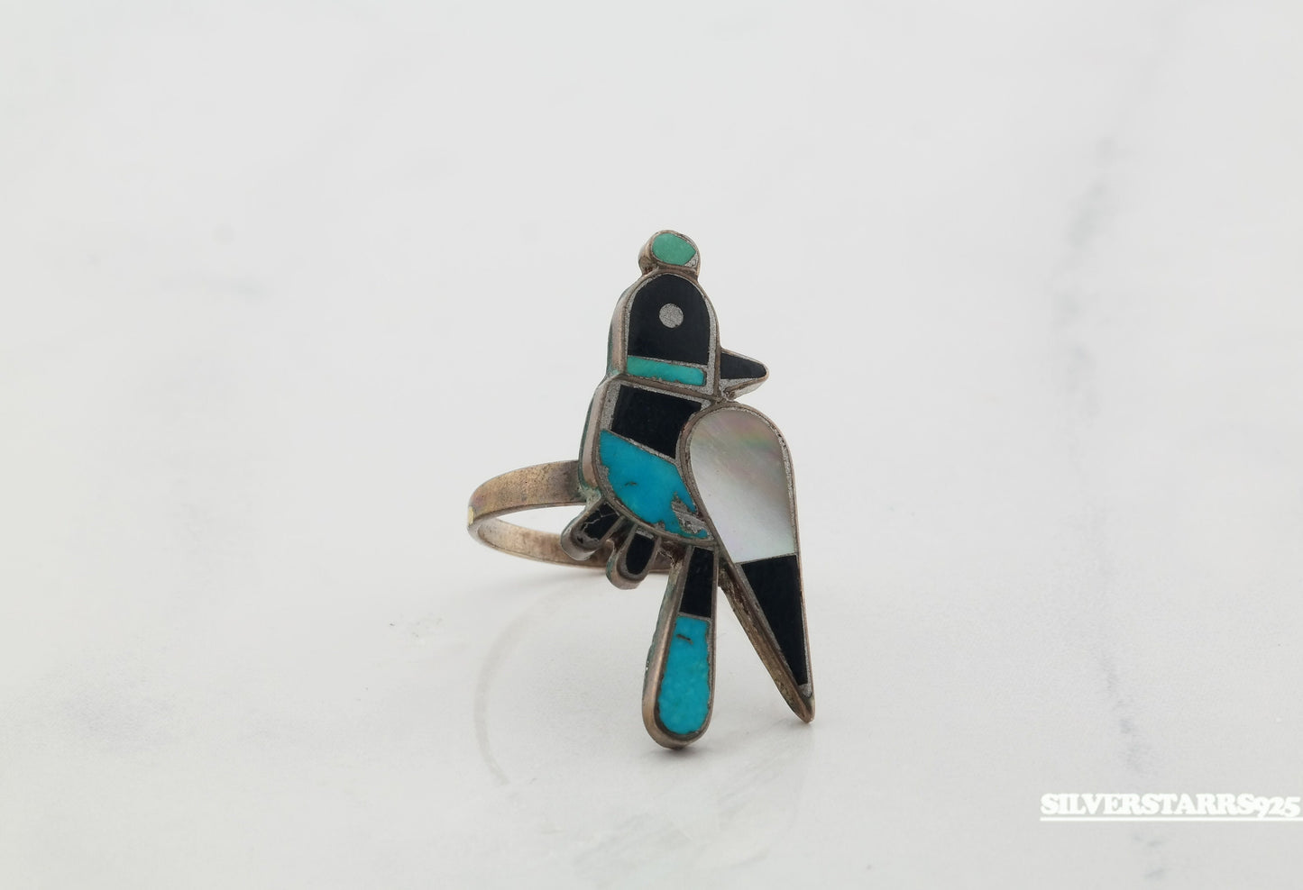 Native American Silver Ring Turquoise, Jet, MOP Inlay, Bluejay Sterling Size 7
