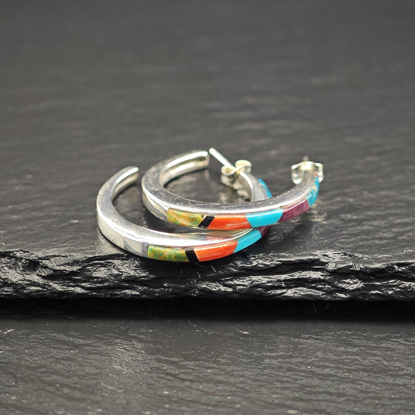 Southwest Turquoise, Coral Inlay Stud/Hoop Earrings Sterling Silver