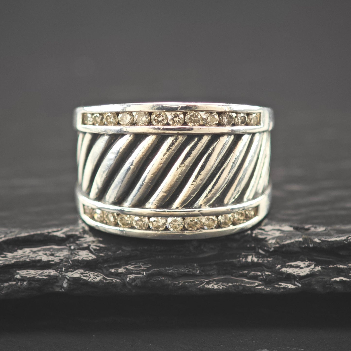 David Yurman Diamond Ring Cigar Band Sterling Silver