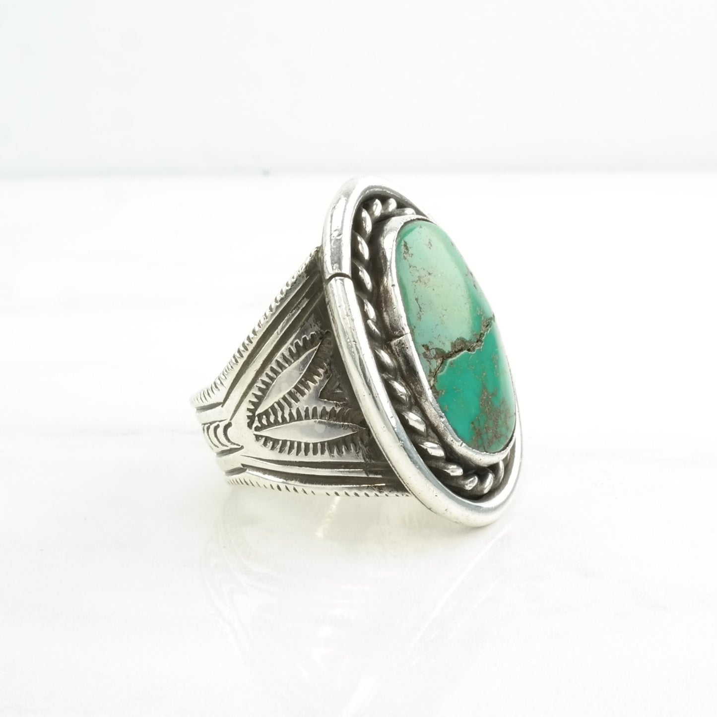 Vintage Native American Silver Ring Turquoise Large Sterling Green Size 14