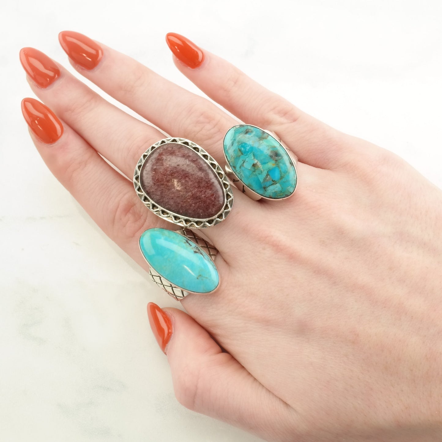 Vintage DTR Silver Ring Turquoise Stamped Band Sterling Blue Size 7 1/4