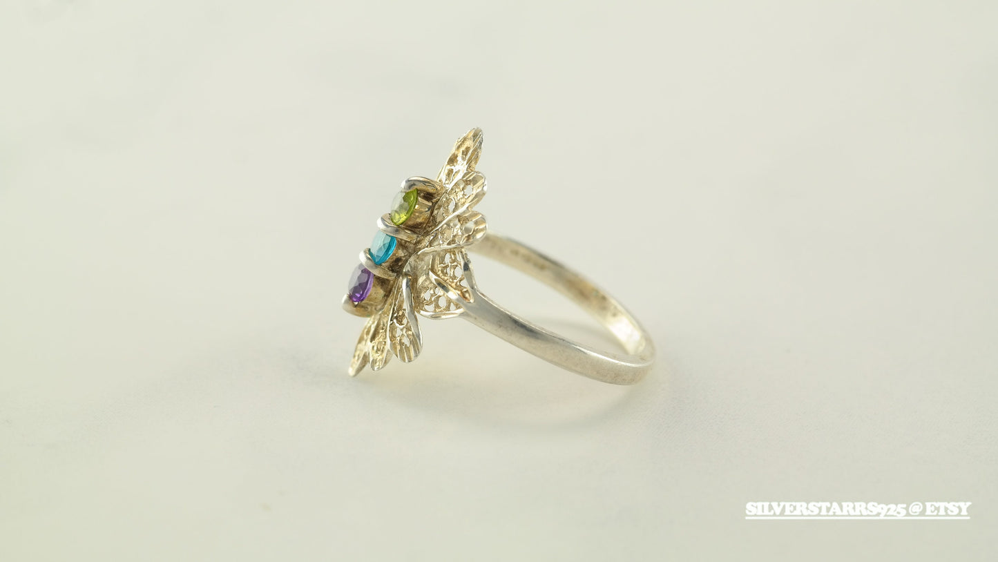 Multi-color Gemstone Silver Ring Size 8 Vintage Filigree Sterling