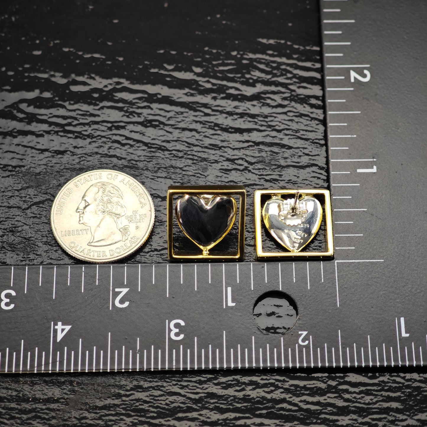 Sergio Bustamante Heart, Gold Tone Frame Stud Sterling Silver Earrings ER3123