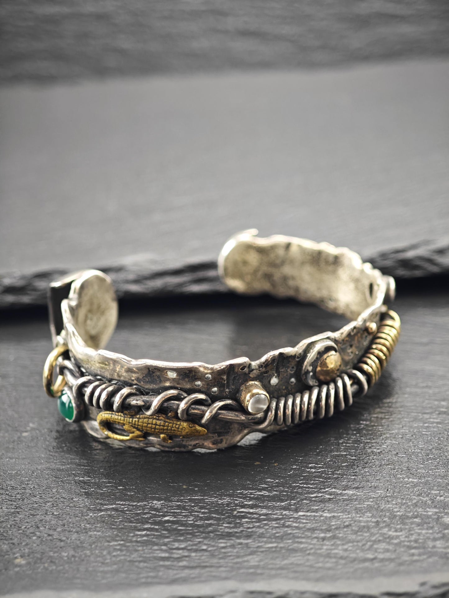 Brutalist Alligator, Moonstone, Onyx 14K Gold Accents Cuff Bracelet Sterling Silver