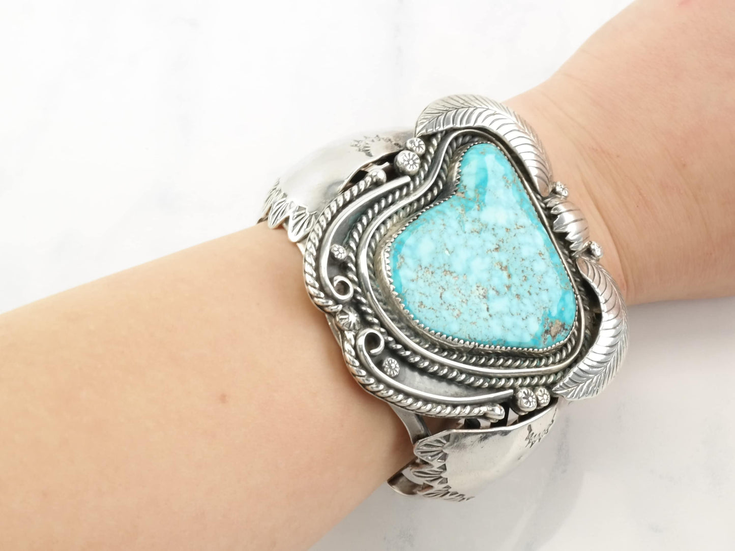 Kewa Cuff Bracelet Blue Kingman's Turquoise Leaf Sterling Silver