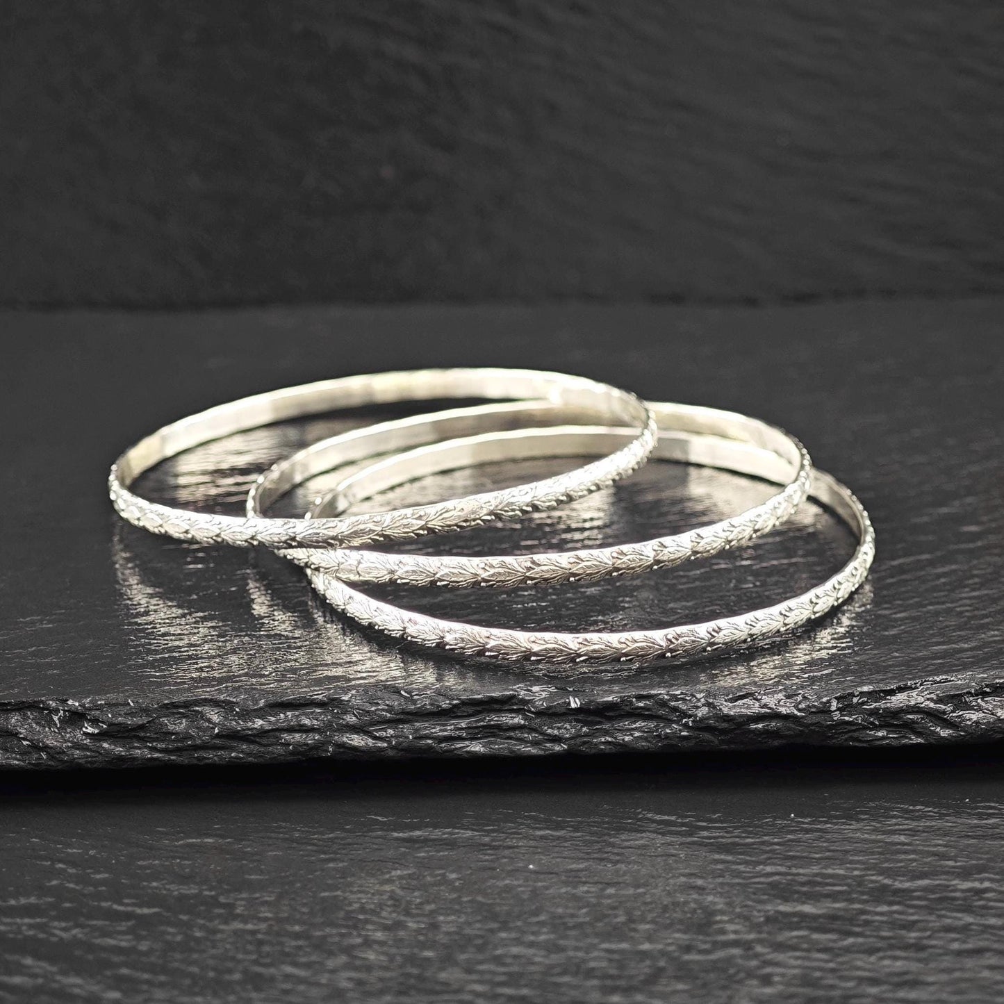 Stackable Repousse Floral Bangle Sterling Silver