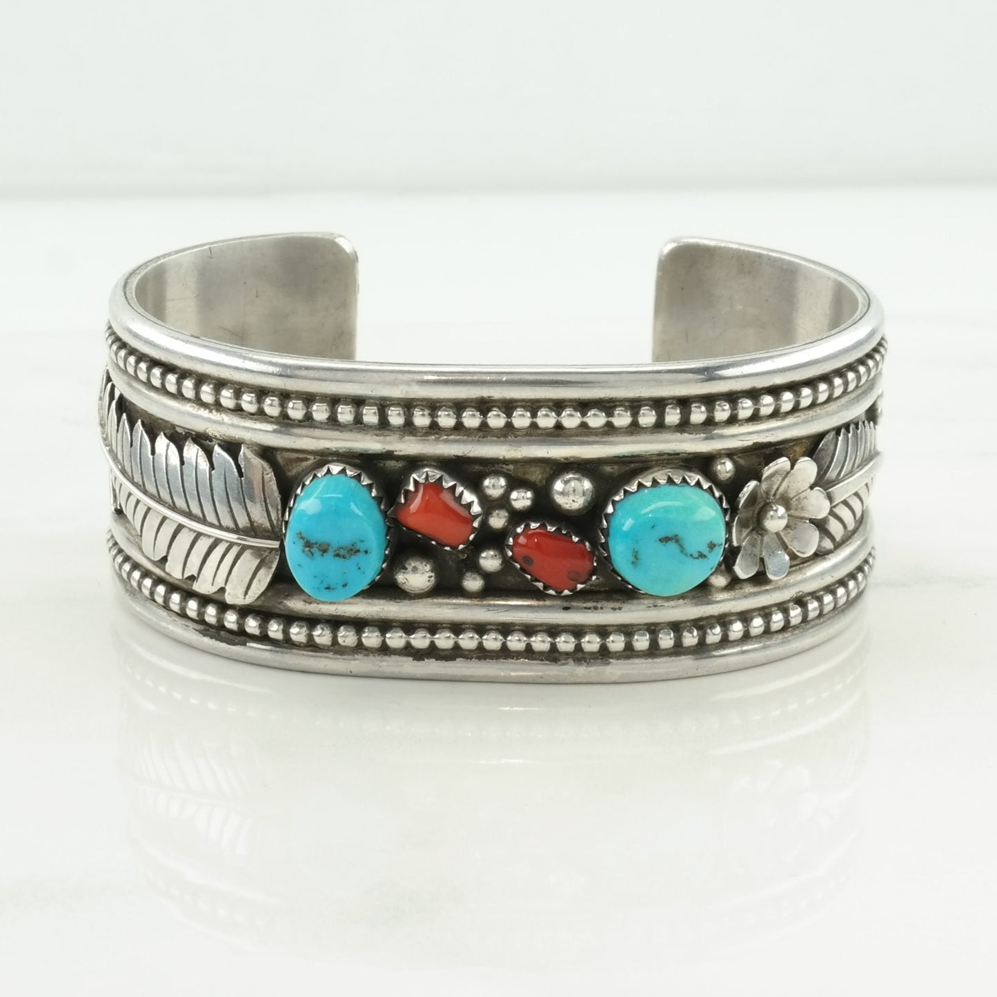 Native American Sterling Silver Cuff Bracelet Blue, Red Turquoise, Coral Leaf