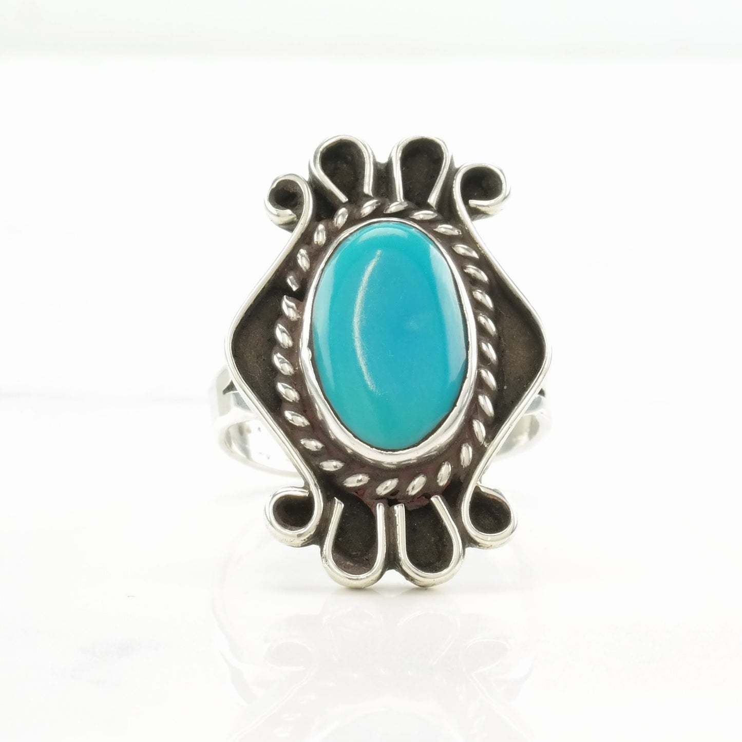 Vintage Southwest Silver Ring Turquoise Shadowbox Sterling Size 8