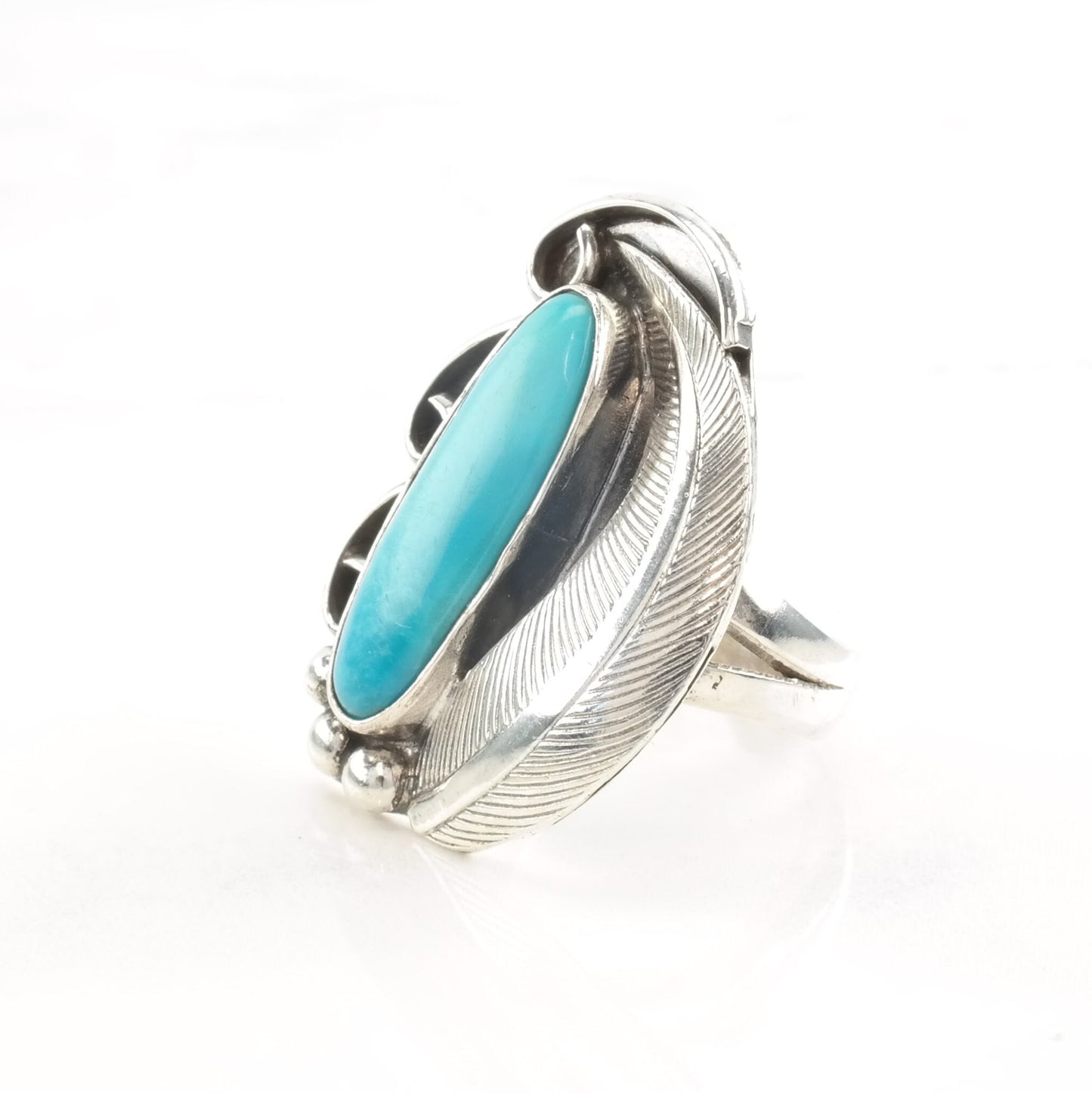 Vintage Native American Silver Ring Turquoise Feather Size 7 1/4