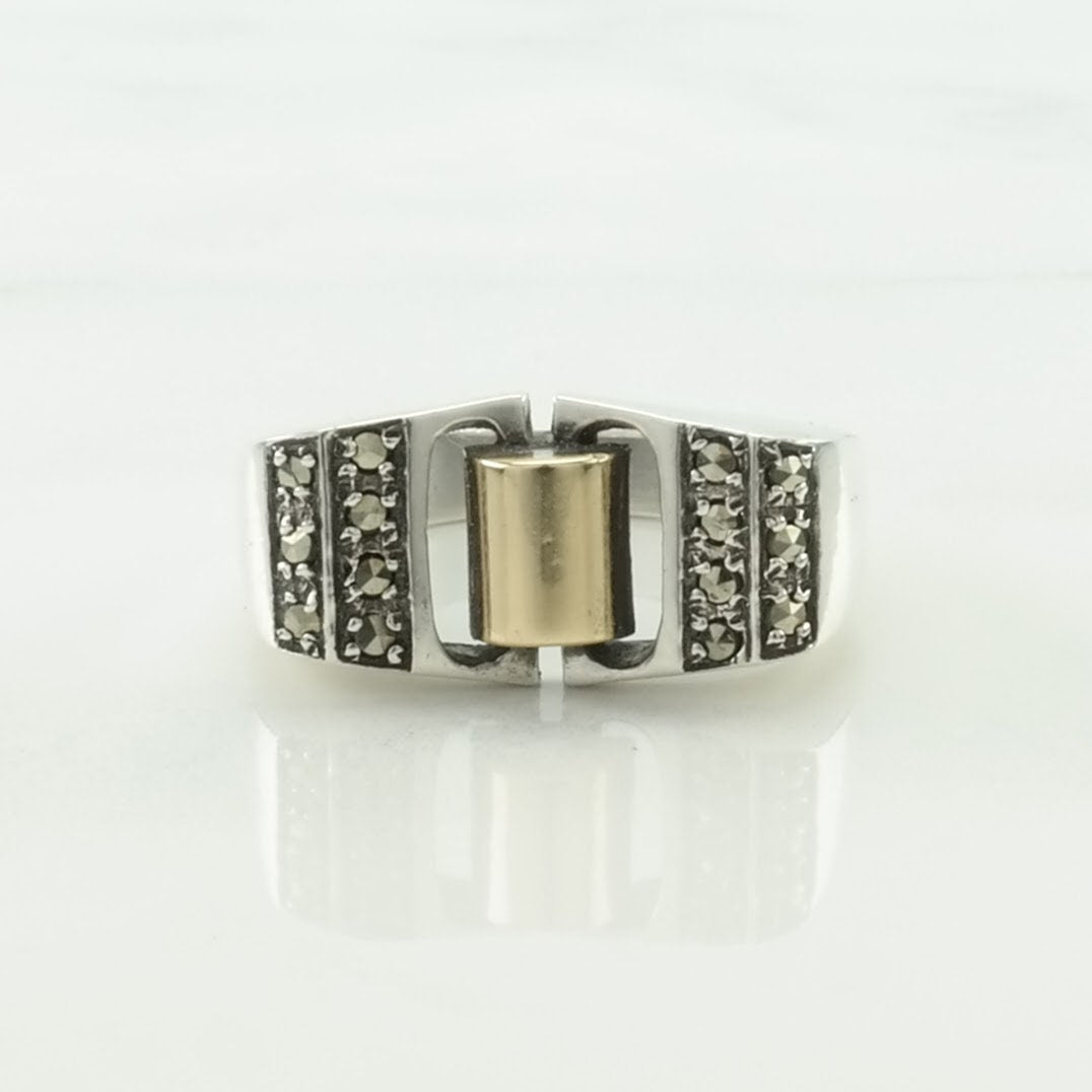 Vintage Sterling Silver Ring 10K Gold Accent, Marcasite Size 7