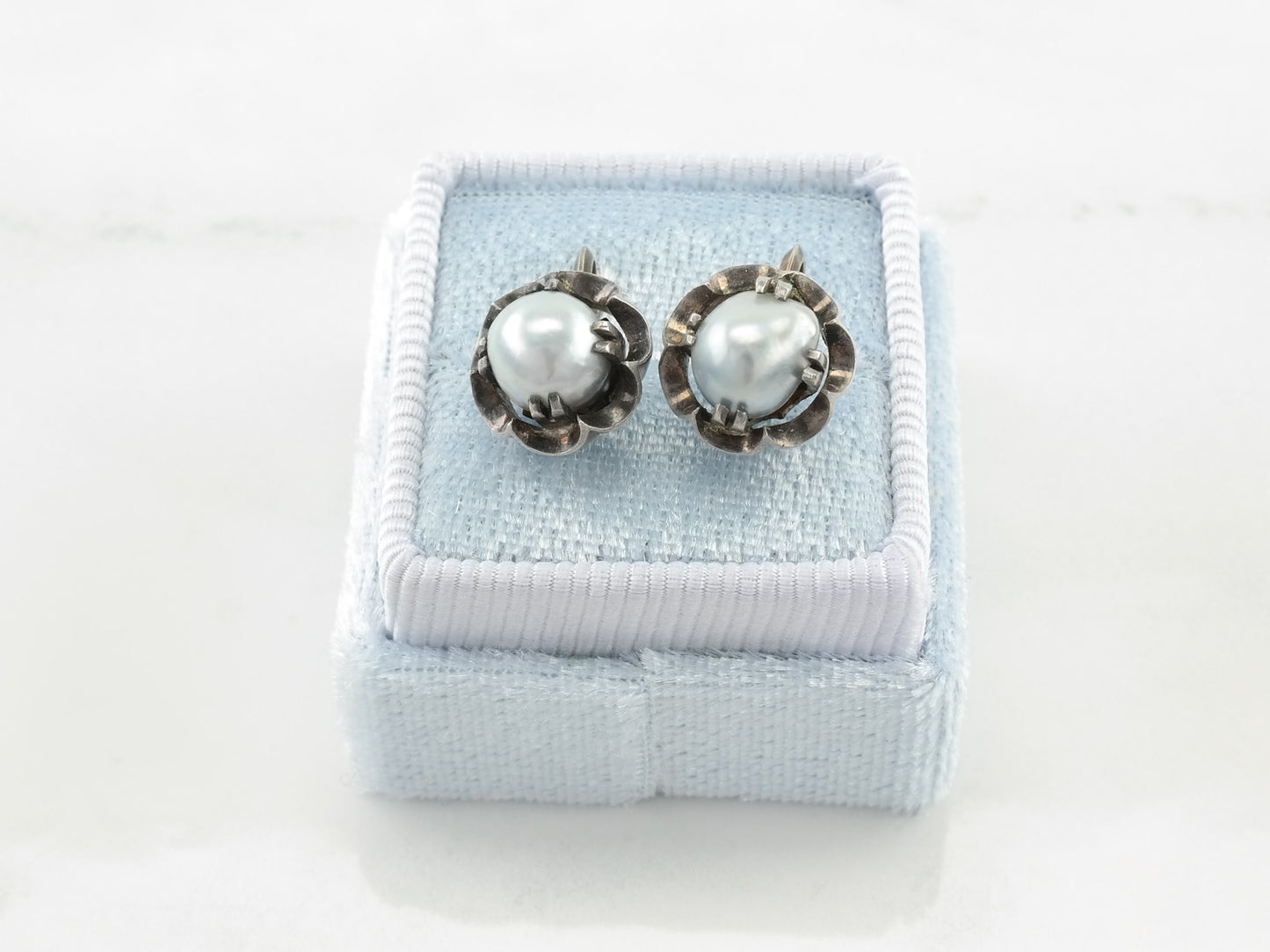 Vintage Sterling Silver Pearl Floral Earrings Screw Back