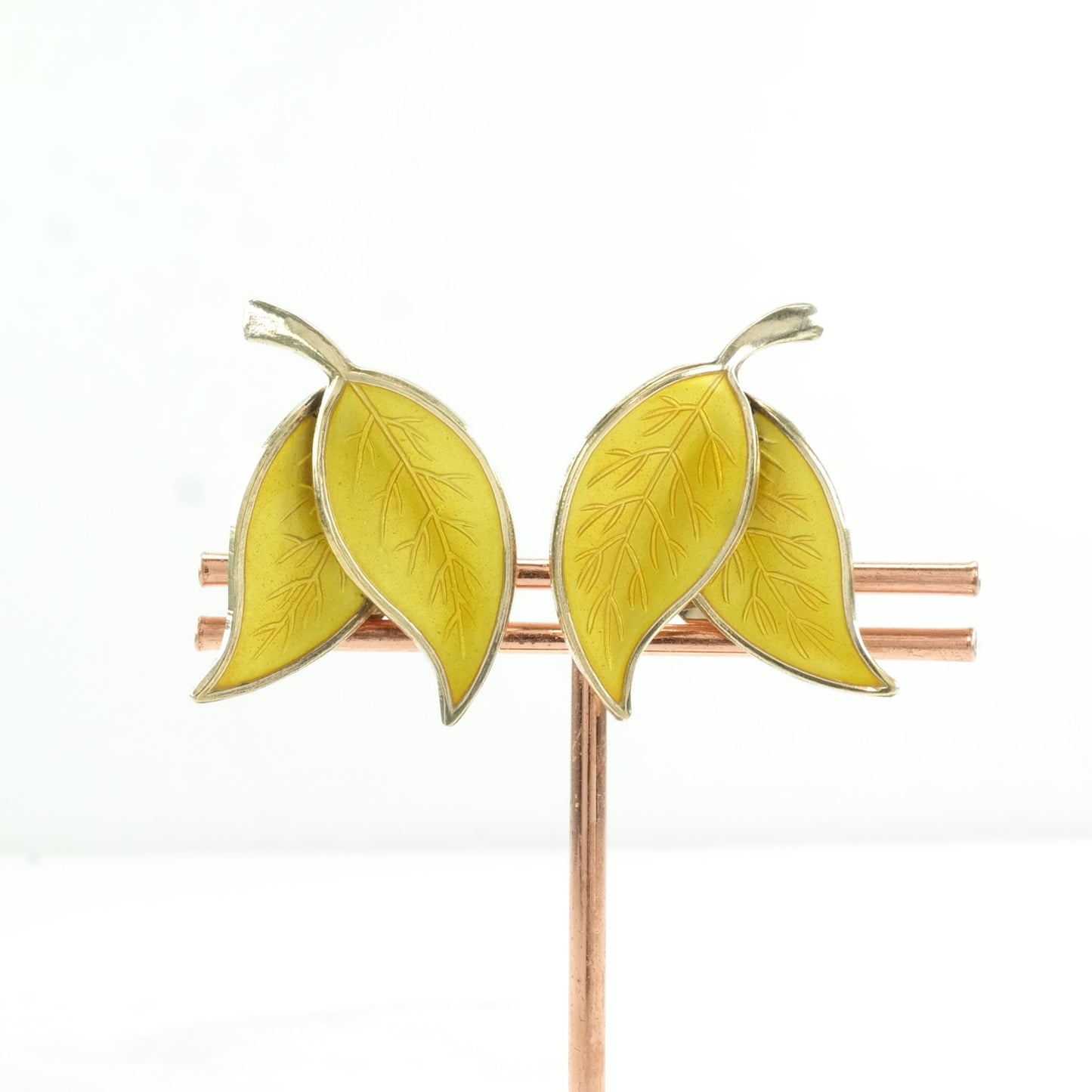 Danish Sterling Silver Yellow Enamel Leaf Earrings Clip On