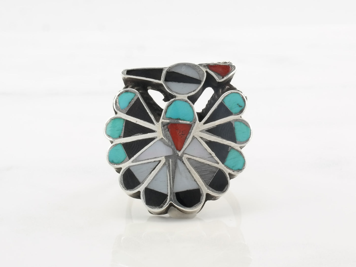 Vintage Native American Silver Ring Peyote Inlay, Bird Sterling Size 8 3/4