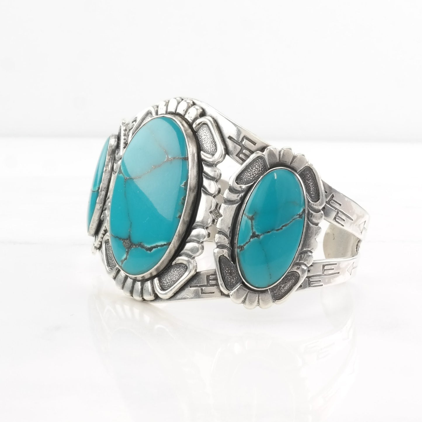 Fred Harvey Era Block Turquoise Cuff Bracelet Sterling Silver Blue Stamped