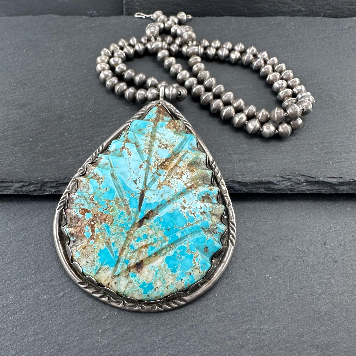 Native American Blue Royston, Beaded Necklace Sterling Silver