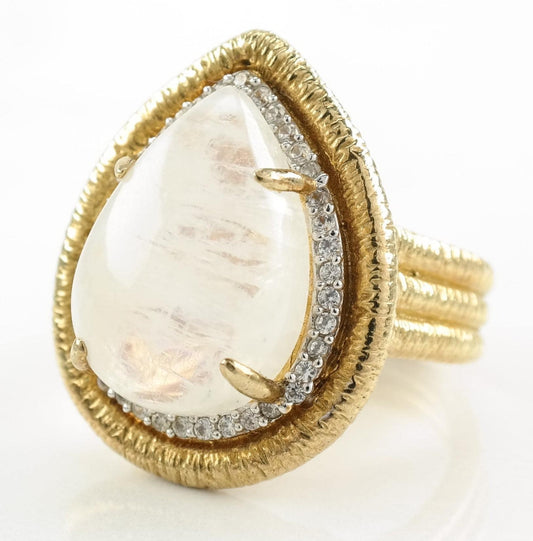 Vintage Sterling Silver Ring Moonstone White Spinel Gold Plated Size 7