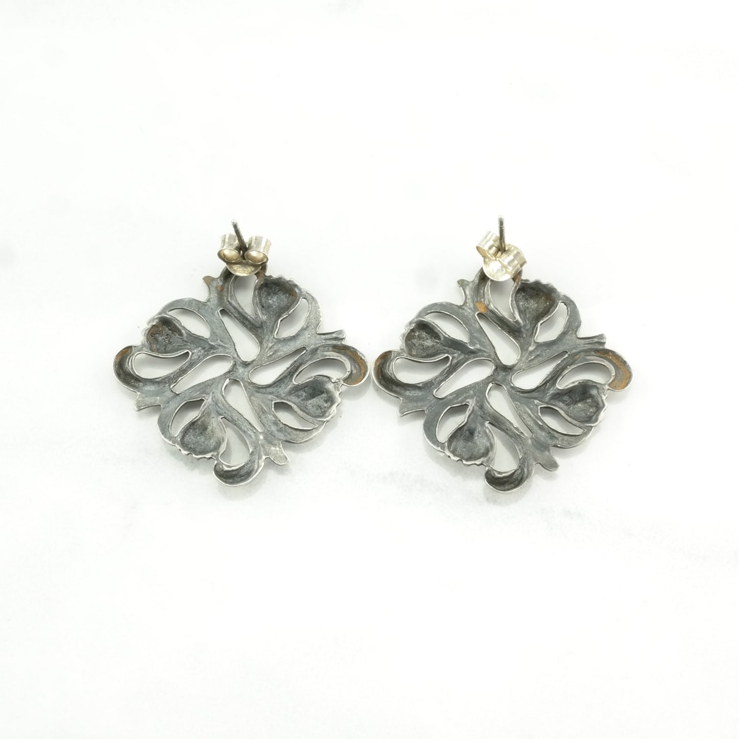 Vintage Sterling Silver Stud Earrings Floral Square